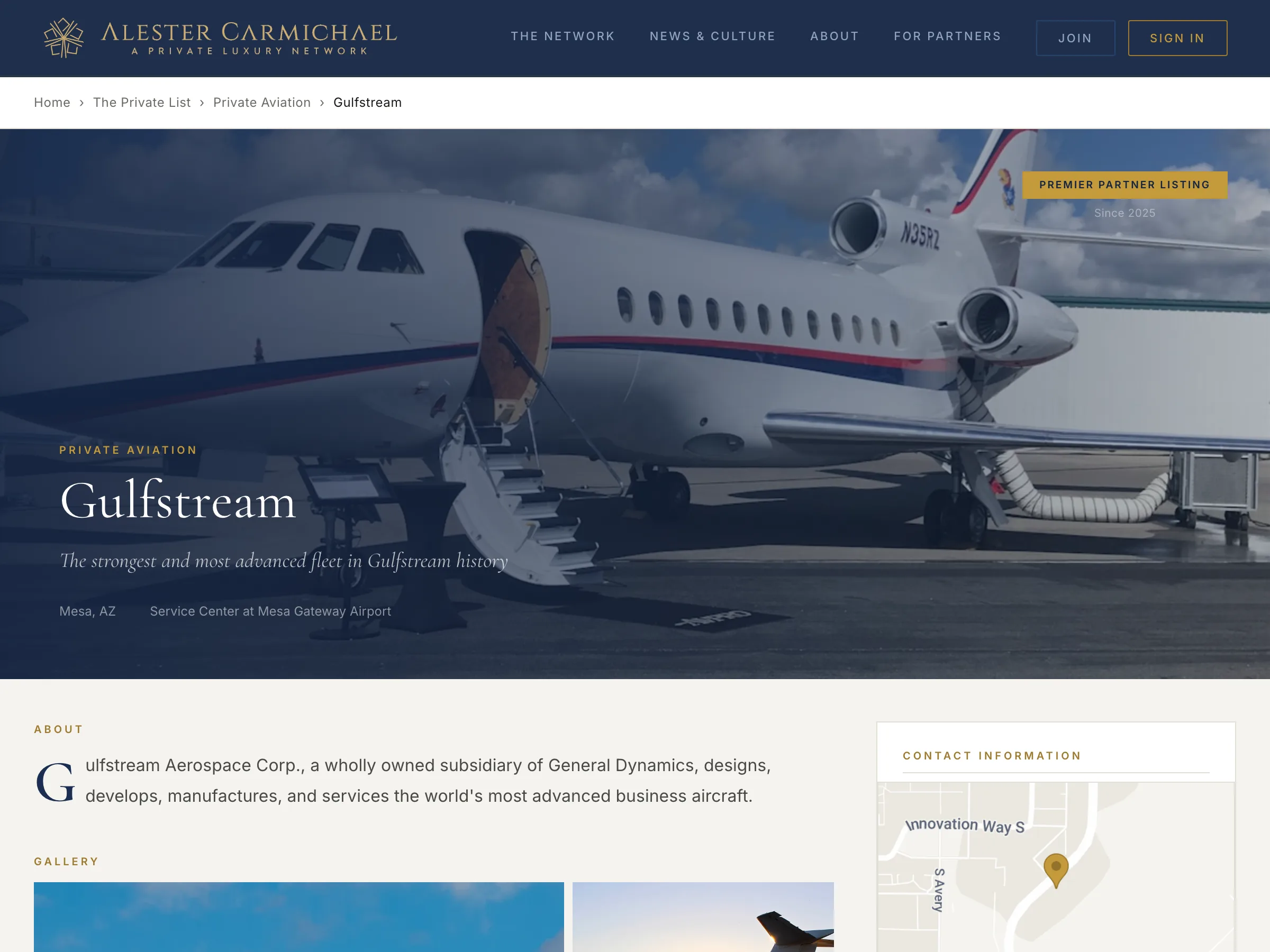 A live Alester Carmichael partner page, showing the hero, Premier Partner Listing badge, About and gallery