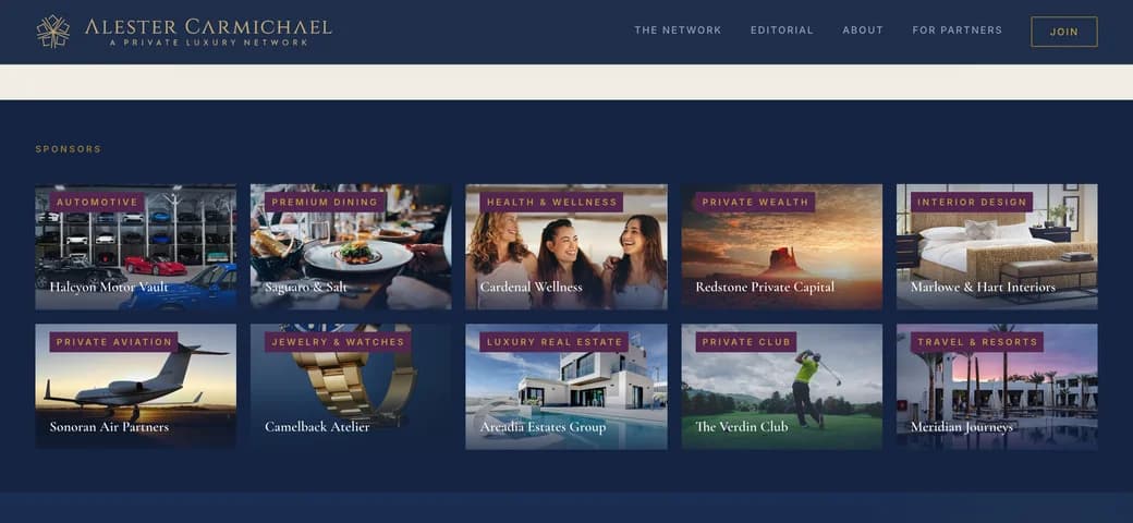 The Alester Carmichael homepage, its navigation bar above the grid of sponsor tiles