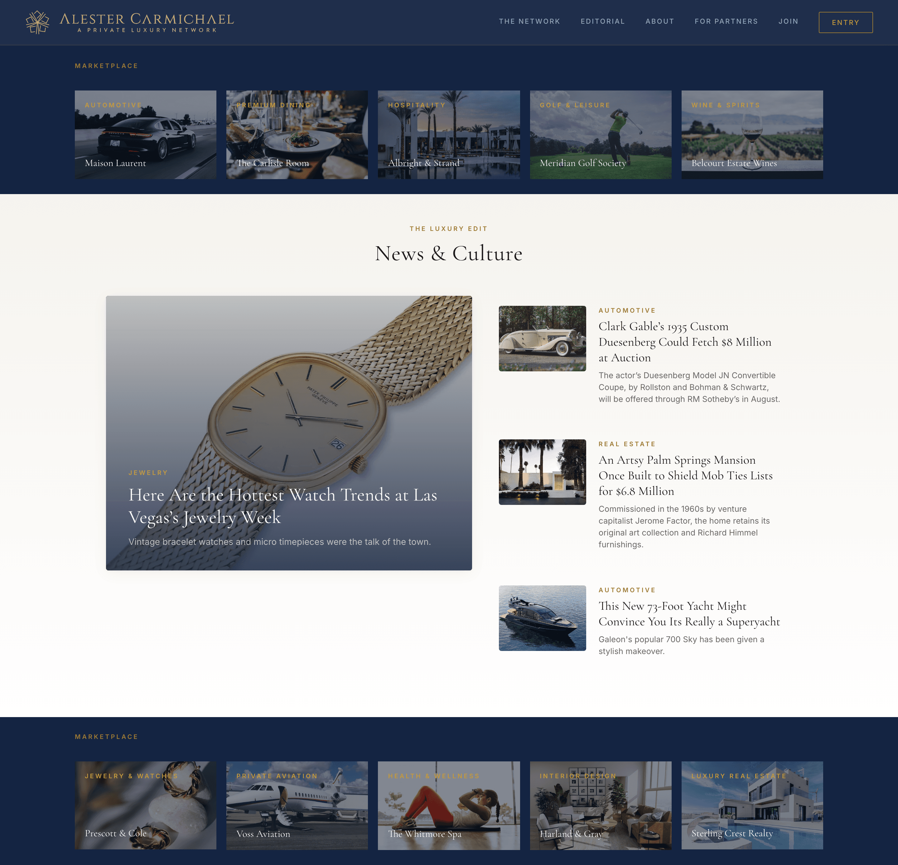The Alester Carmichael homepage, showing the sponsor tile placement context