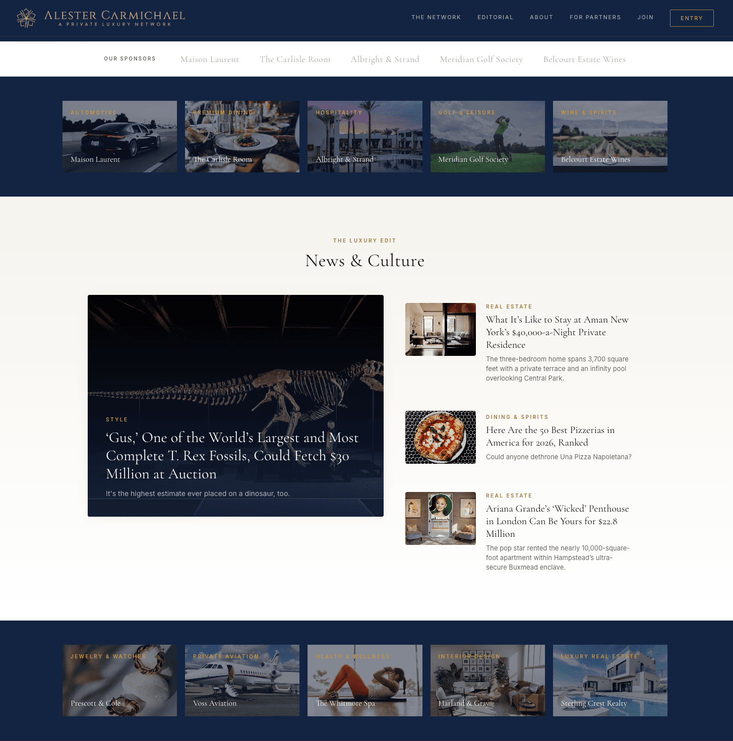 The Alester Carmichael homepage, showing the sponsor tile placement context