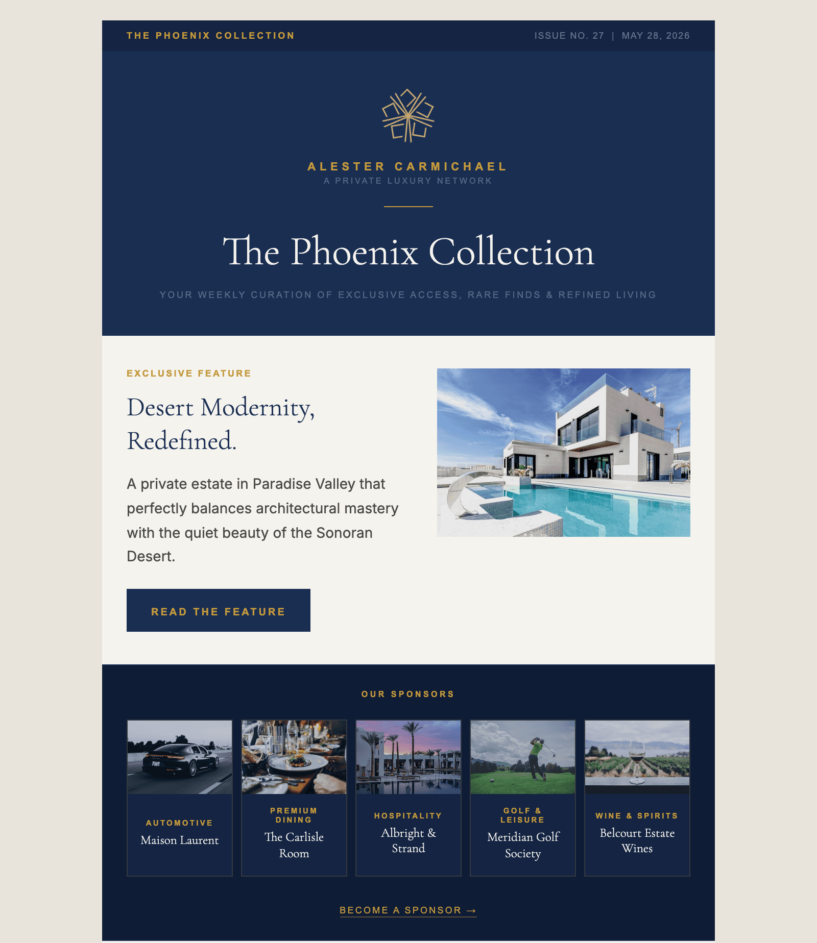 The Private List Newsletter, showing all five sponsor placements with editorial context